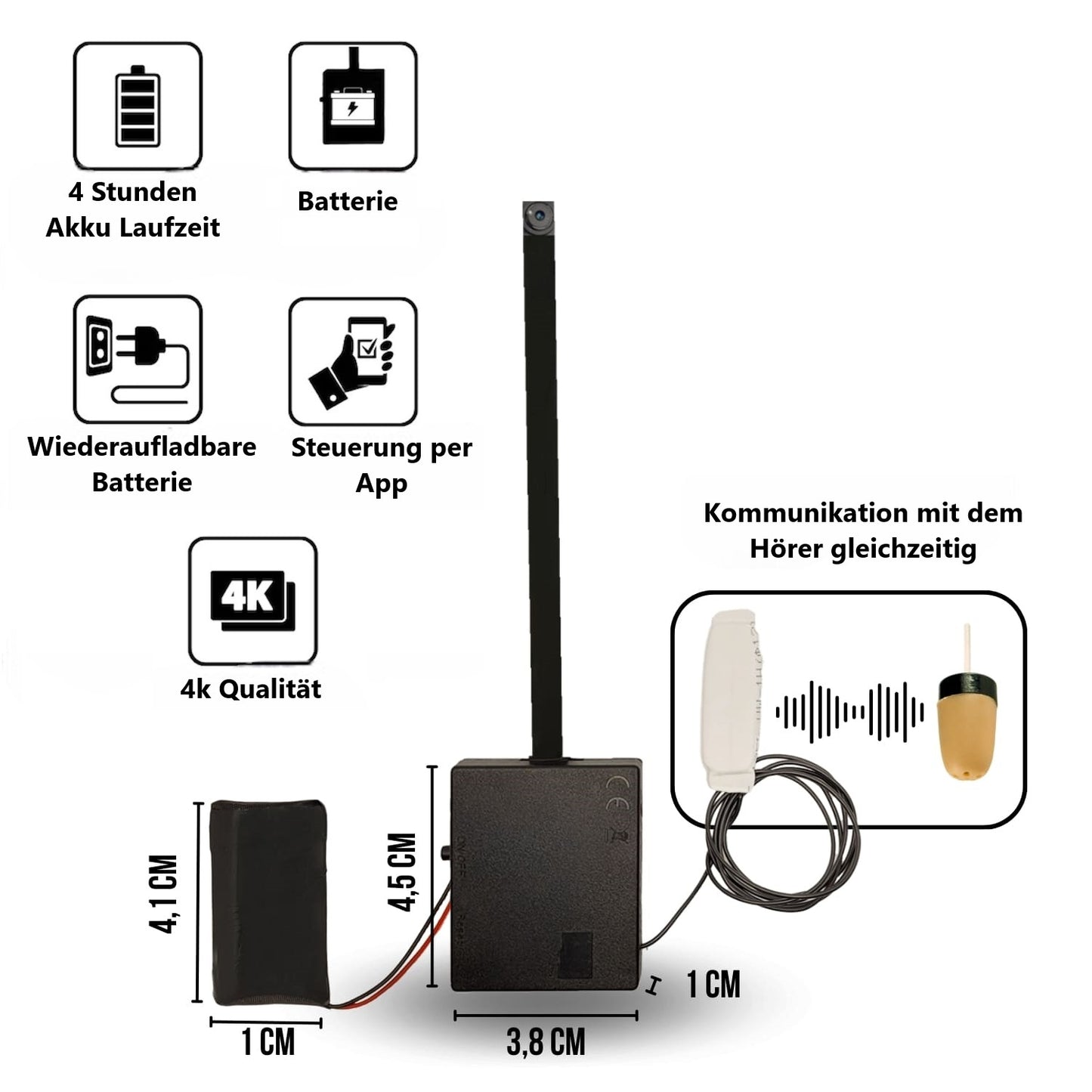 4k Wifi Mini Kamera Wlan IP Live Knopf Überwachungskamera + Spy Headset Spion Kopfhörer