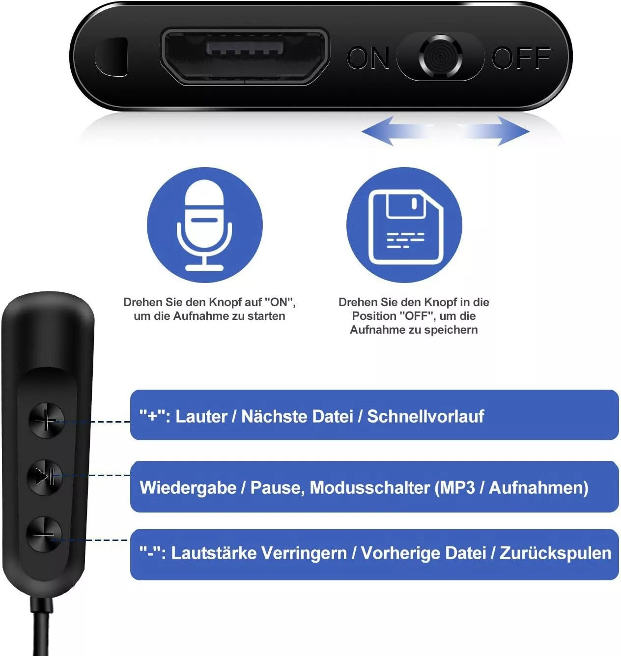 Mini Voice Recorder Diktiergerät Spion Ton Auto Digitales Aufnahmegerät mit Geräuscherkennung